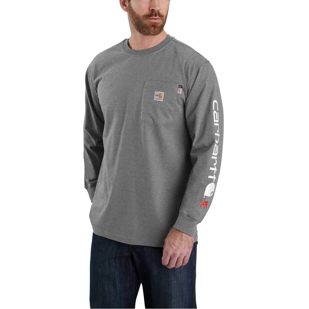 Flame Resistant Force Loose Fit Lightweight Long-Sleeve Logo Graphic T-Shirt - 020-Granite Heather | Carhartt 104130