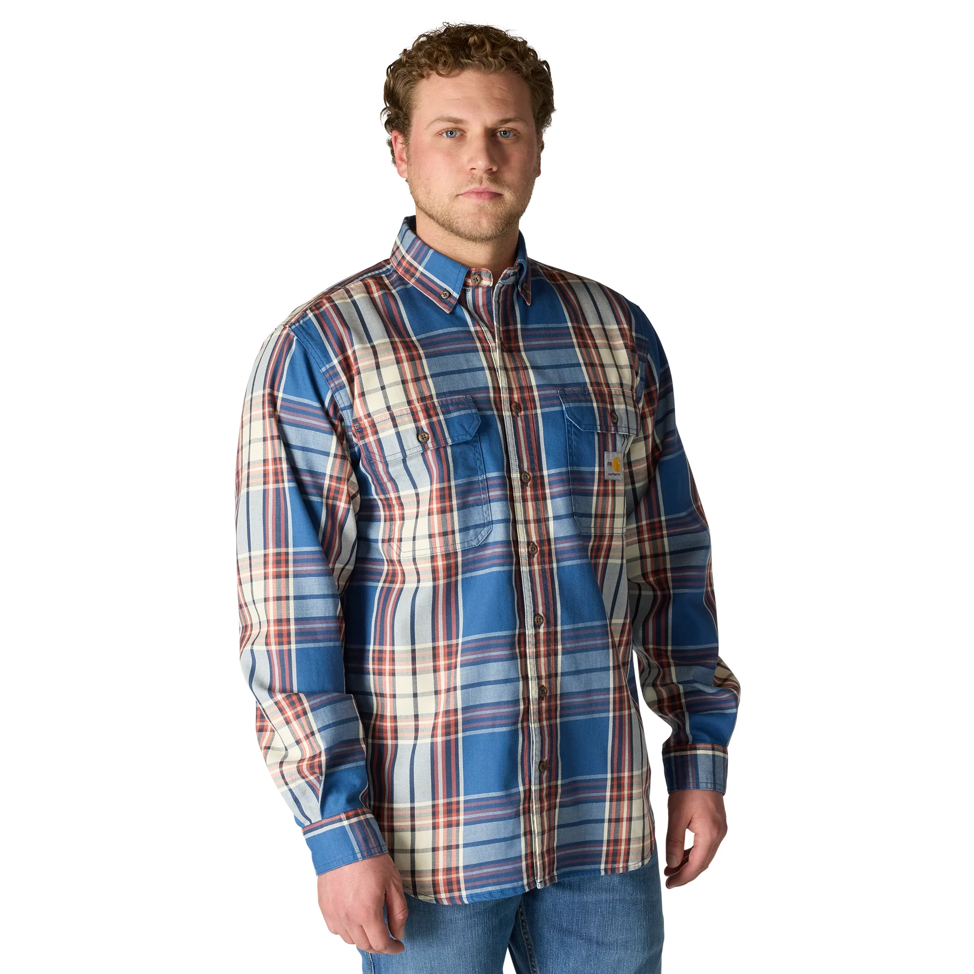 Flame Resistant Loose Fit Midweight Twill Plaid Shirt - HL9-Dark Blue/Spice Red | Carhartt 104507 - Image 4