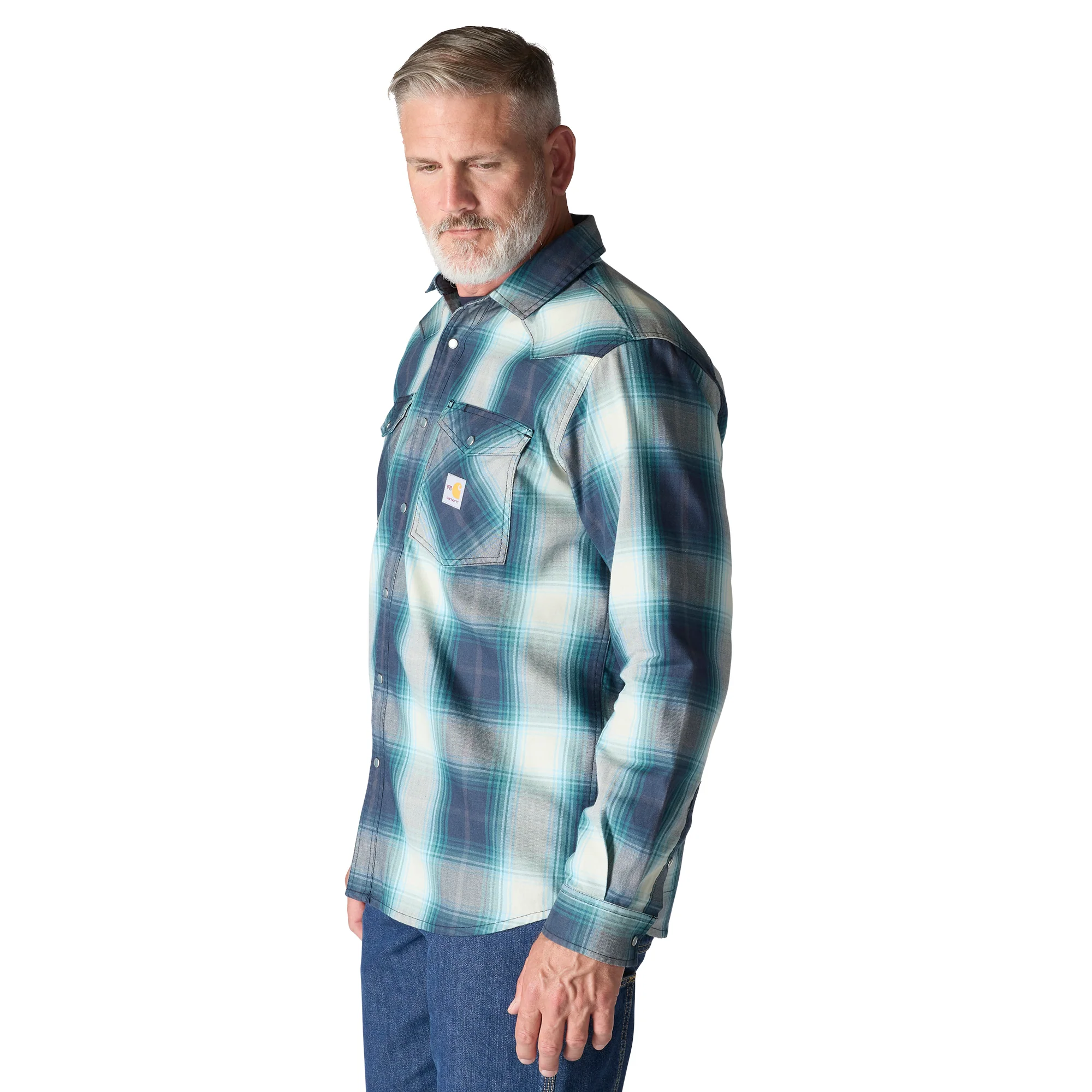 Flame Resistant Montana Relaxed Fit Midweight Twill Snap Front Plaid Shirt - HP2-Navy/Sea Pine | Carhartt 107070 - Image 3