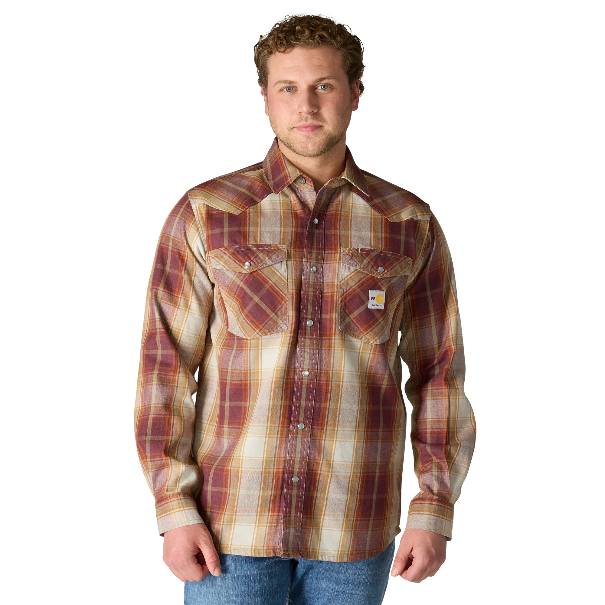Flame Resistant Montana Relaxed Fit Midweight Twill Snap Front Plaid Shirt - RD8-Port/Carhartt Gold | Carhartt 107070 - Image 5