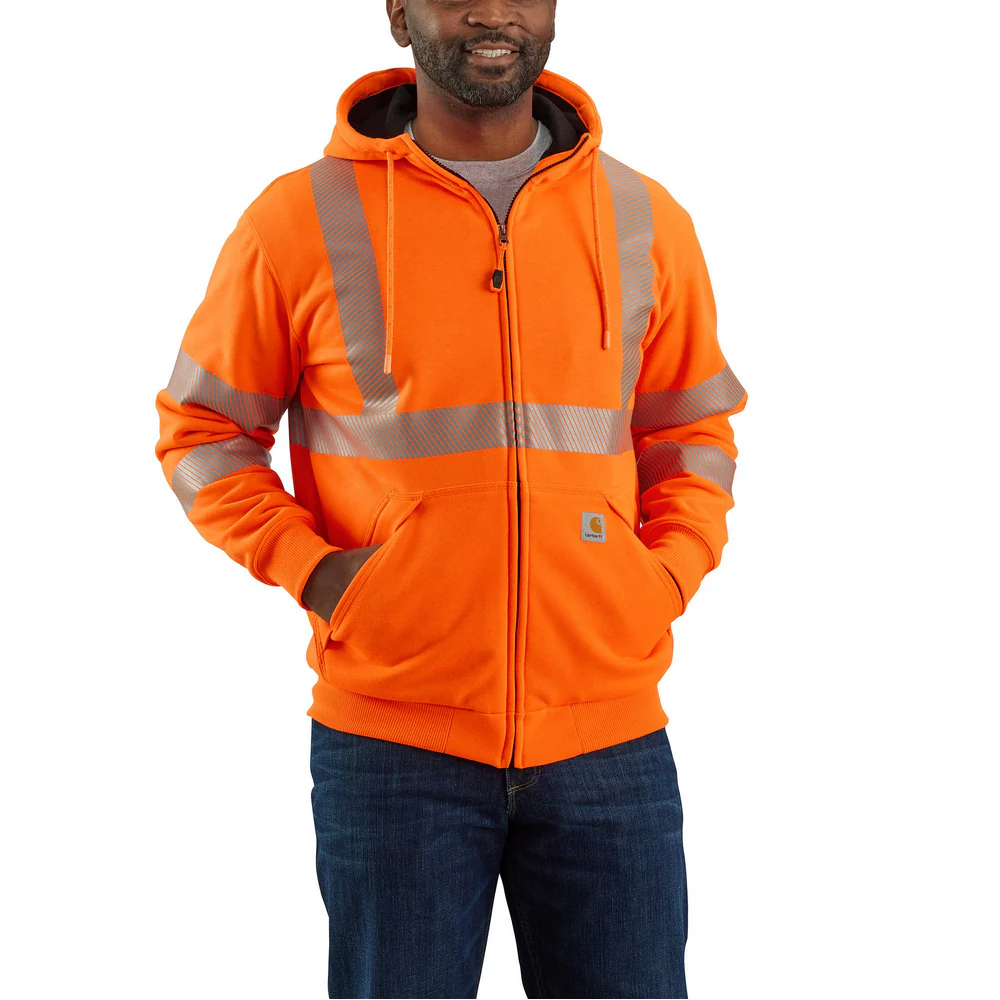 High-Visibility Rain Defender Loose Fit Midweight Thermal-Lined Full-Zip Class 3 Sweatshirt - BOG-Brite Orange | Carhartt 104988 - Image 2