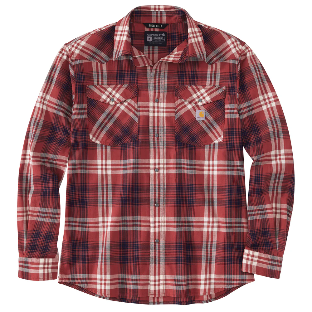 Montana Rugged Flex Relaxed Fit Lightweight Long-Sleeve Snap-Front Plaid Shirt - DBD-Dark Barn Red | Carhartt 106430